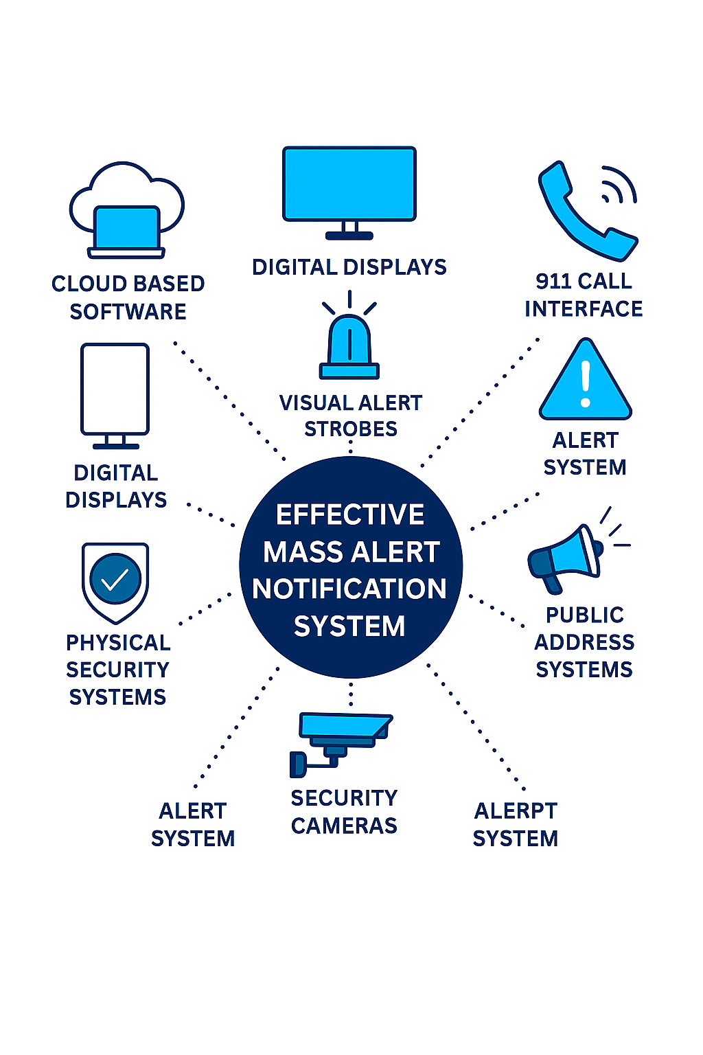  "Infographic titled 'Integrated School Systems' showing eight components connected to a central circle labeled 'Effective Mass Alert Notification System.' Surrounding icons represent Cloud-Based Software, Digital Displays, Visual Alert Strobes, 911 Call Interface, Alert System, Public Address Systems, Security Cameras, and Physical Security Systems. Each icon is linked to the center with dotted lines, illustrating how these systems integrate to support school-wide emergency communication."
