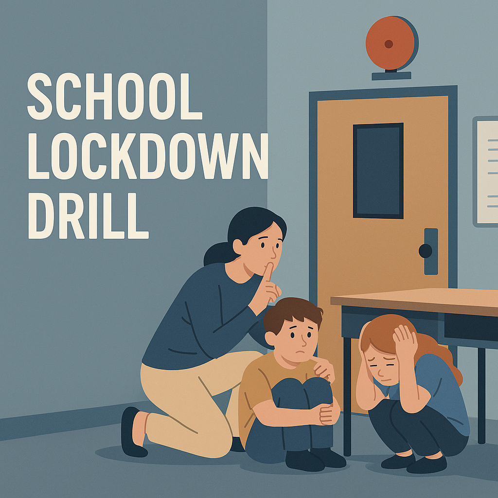 Here is a graphic showing a school lockdown drill with a teacher and students in a classroom